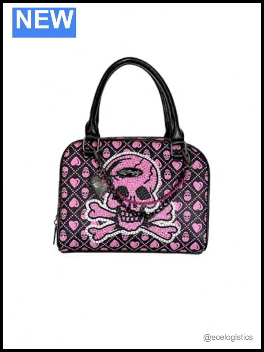 Satchel Crossbody Handbag with Rhinestone Skull Motif and Adjustable Strap
